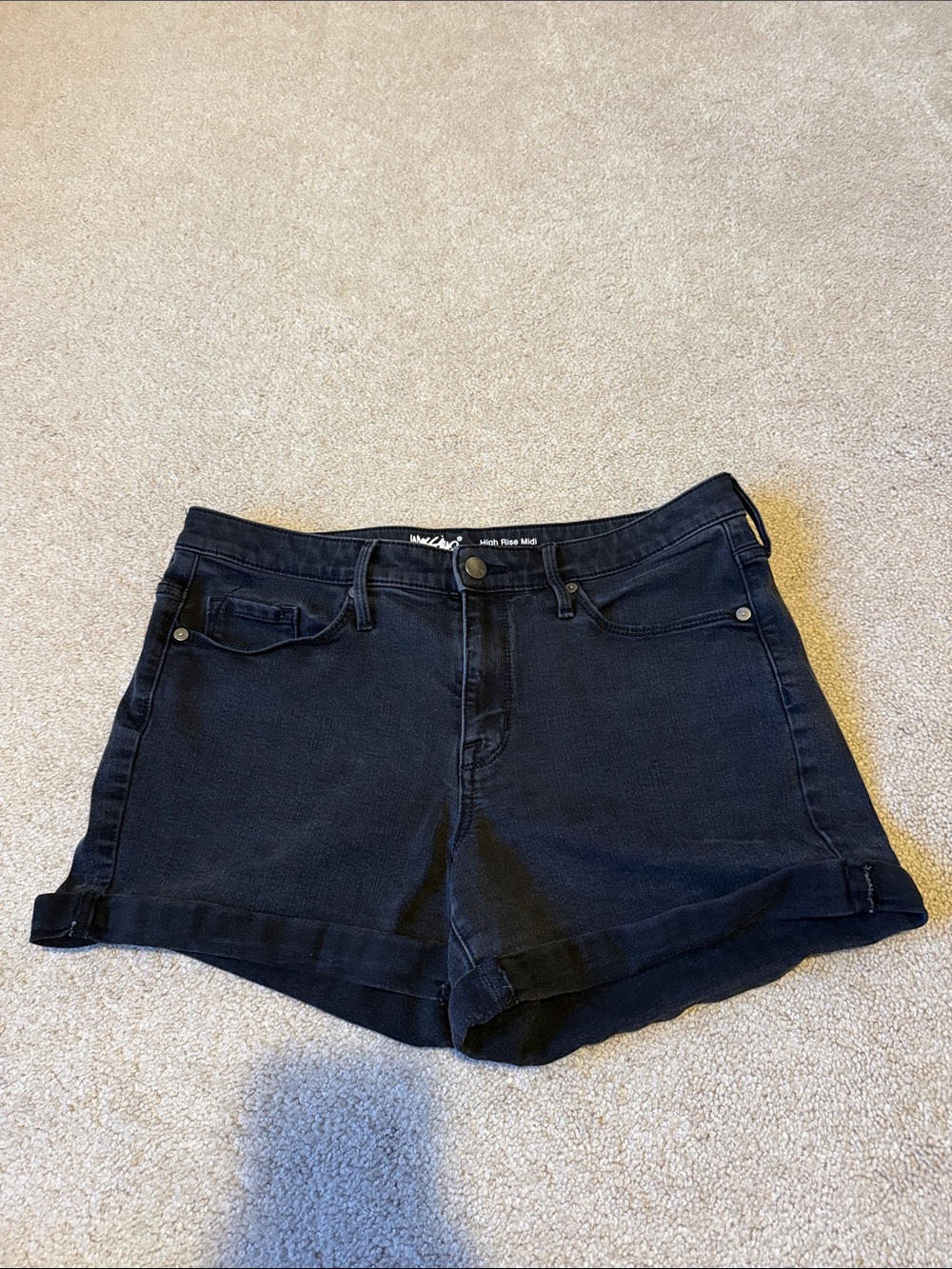 High-Rise Black Denim Shorts with Cuffed Hem